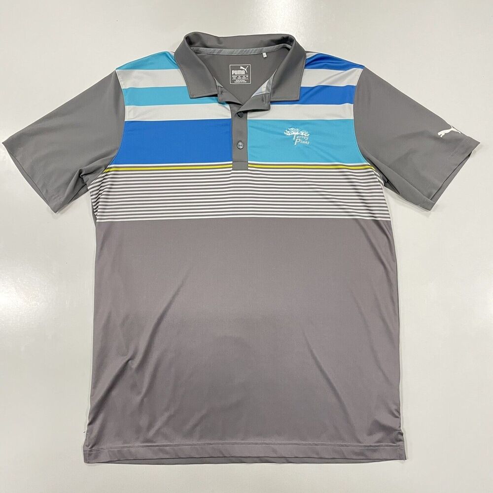 Puma Men’s Golf Polo Shirt Dry Cell Gray Stripe Performance Torrey Pines Tour M